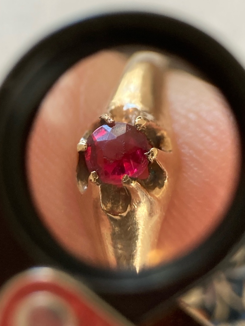 Antique Victorian Old Cut Ruby Paste Belcher Ring, Loeb & Co. 1896, Tiny Size - Picture 3 of 16